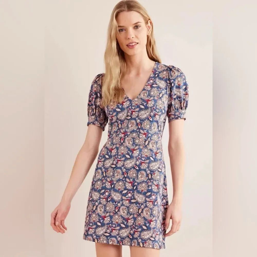 BODEN V-Neck Jersey Mini Dress US Size 8 Navy Paisley Terrace US 8 NWT